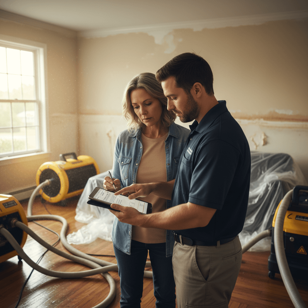 Bergen County homeowner reviewing water damage insurance paperwork with a restoration contractor